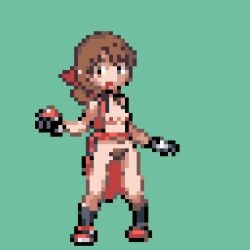 1girls black_gloves black_socks brown_hair exposed_clothing female hair_bun hair_ribbon marnie_(pokemon) pixel_art pokeball pokemon red_ribbon red_ribbon_in_hair red_shoes thenudehuemuse