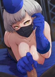 1boy adjusting_hair all_fours alpha-type black_mask black_thighhighs blue_gloves blue_hat blurry blurry_background breasts censored collarbone commentary_request elbow_gloves elizabeth_(persona) erection female gloves grey_hair handjob hat highres indoors large_breasts looking_at_viewer mask mosaic_censoring mouth_mask nipples penis persona persona_3 pov short_hair straight thighhighs topless yellow_eyes