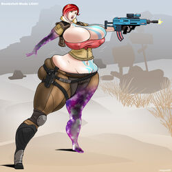 big_breasts borderlands breasts cleavage clothed female hourglass huge_breasts human hyper jacques00 lilith_(borderlands) ranged_weapon red_hair tight_pants tight_shirt weapon wide_hips