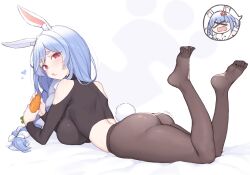 1girls animal_ears ass breasts bunny_ears carrot cloba clothed clothing female female_only hololive lying on_front pantyhose pekomama rabbit_ears rabbit_tail solo virtual_youtuber