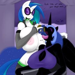 alicorn angelthecatgirl arm_warmers big_breasts black_body blue_body blue_hair breasts brown_hair dj_acid equine female feral friendship_is_magic green_tongue hair heart horn huge_breasts my_little_pony nightmare_moon_(mlp) nipples princess_luna_(mlp) tongue unicorn vinyl_scratch_(mlp) vore white_body wings