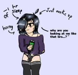 femboy hard_on messy_hair monster_can monster_drink small_penis thighhighs tired