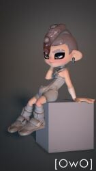 absurd_res agent_8_(side_order) agent_8_(splatoon) blush bodily_fluids bodysuit boots brown_hair bulge clothing ear_piercing ear_ring footwear gay genital_fluids grey_eyes grey_hair hair hi_res humanoid male male_only markings mole_(marking) nintendo octoling_boy owo_sfm piercing precum pseudo_hair ring_piercing shoes simple_background sitting skinsuit socks solo splatoon tentacle tentacle_hair tight_clothing