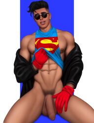 big_cock big_penis conner_kent dc drawnpr0n flaccid flaccid_penis huge_cock huge_penis kon-el male male_focus male_only muscles muscular muscular_male shirt_lift spread_legs sunglasses superboy superhero uncut