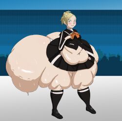 1girls akkyon bbw blonde_hair fat female huge_thighs hyper_ass lisa_silverman overweight overweight_female persona_2 school_uniform sweating