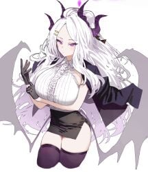 1girls aged_up alternate_body_type alternate_breast_size blue_archive breasts busty demon_horns female gloves hina_(blue_archive) huge_breasts large_breasts long_hair mochirong neutral_expression purple_eyes solo thick_thighs thighhighs white_hair