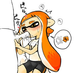 1girls ball_fondling balls bike_shorts blush caressing_testicles cephalopod cephalopod_humanoid clothing cum cum_in_pussy cum_on_face fellatio female female_focus hand_on_penis heart holding_penis inkling inkling_girl male mask_(marking) nintendo oral orange_hair penis pointy_ears shirt shorts solo_focus sound_effects speech_bubble splatoon squid straight sweat tentacle tentacle_hair testicles text tukadanobuo white_background yellow_eyes