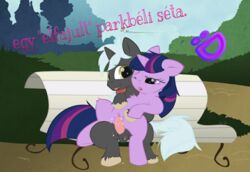 balls bench equine exhibitionism female friendship_is_magic hair horn horse hungarian_text male my_little_pony oc_pony one_closed_eye pony public_sex pussy sex straight_hair text twilight_sparkle_(mlp) unicorn