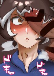 2boys akuta_sōmigidai big_penis black_hair blue_top blush brown_eyes censored cock_shock face_closeup penis penis_awe penis_on_face steam sweat text white_tips yaoi young_cricket_(warioware)