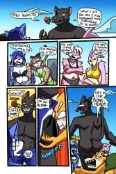 1boy 4girls anthro ass assisted_exposure beach blush dialogue english_text fox_mccloud furry humiliation insecure karma katt_monroe krystal lucy_hare miyu_lynx panther_caroso pantsing robablo speech_bubble star_fox tagme text