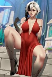 arlecchino_(genshin_impact) blackcapbandit cleavage digital_media_(artwork) female female_only genshin_impact high_heels legs markings pinup red_dress