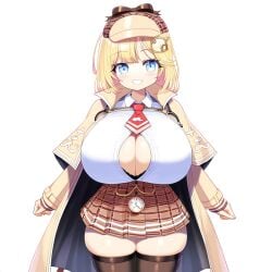 ai_generated ameanon big_breasts black_bra blonde_hair blue_eyes bra breasts center_opening hololive hololive_english hololive_myth huge_breasts large_breasts skindentation thick_thighs thighhighs watson_amelia