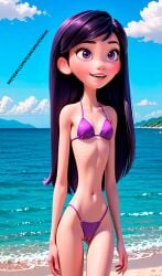 1girls ai_generated beach bikini brown_hair disney elsacorinthiana female female_only happy light-skinned_female light_skin navel ocean ocean_background outdoors patreon patreon_link patreon_url purple_bikini purple_eyes purple_hair sea_background semi-naked semi-nude semi_naked semi_nude skinny skinny_female skinny_girl solo_female standing sun sunny_beach the_incredibles the_incredibles_2 thin thin_body thin_breasts thin_female thong_bikini violet_parr