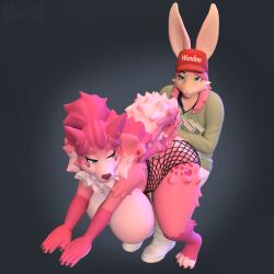 3d anthro anthro_only baseball_cap big_breasts breasts canid canine clothing duo female fishnet_clothing footwear gravvure hat headgear headwear hi_res huge_breasts jig_(jigrasmut) lagomorph lapdance lapdancer leporid male male/female mammal money rabbit shoes sneakers stripper wren_(wrendog)