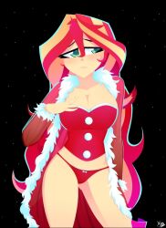 1girls 2020 artist_signature black_background christmas christmas_outfit cleavage corset equestria_girls female female_only friendship_is_magic green_eyes hand_on_breast hasbro large_breasts long_hair looking_at_side looking_away my_little_pony red_corset red_hair red_panties solo strapless sunset_shimmer twitter_link two_tone_hair very_long_hair xan-gelx(xan) yellow_body