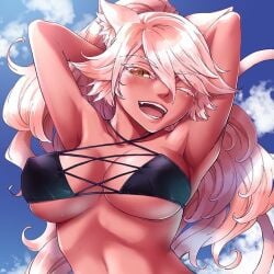 amber_eyes armpits arms_behind_head bangs big_breasts bikini bikini_top black_bikini black_swimsuit blush cat_ears cat_eyes cat_tail catgirl color dark-skinned_female dark_skin eyebrows_visible_through_hair female female_focus female_only granat_needakitta hair_between_eyes kekkon_yubiwa_monogatari long_hair looking_at_viewer looking_down maybe nipple_bulge official_art one_eye_closed one_eye_open open_mouth pointy_teeth revealing_swimsuit sky_background smile smiling smiling_at_viewer swimsuit tail underboob upper_body white_hair white_tail wink winking_at_viewer