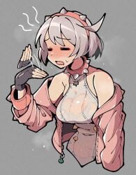 elphelt_valentine guilty_gear guilty_gear_strive itsuka_neru large_breasts leather solo solo_female sweat sweaty tight_clothing transparent_clothing warm wet_clothes white_hair