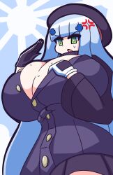 1girls big_breasts blue_hair breasts female_only gensin girls'_frontline green_eyes hk416_(girls'_frontline) huge_breasts light-skinned_female simple_background solo sweat tagme thick_thighs voluptuous