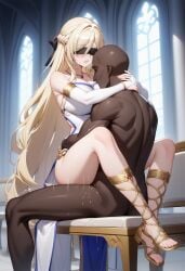 1girls ai_generated black_blindfold blindfold blonde_hair blush clothed cowgirl_position dark-skinned_male dress female goblin_slayer hug large_breasts leg_lock light-skinned_female nun sex steam sweat sword_maiden_(goblin_slayer) trembling very_long_hair