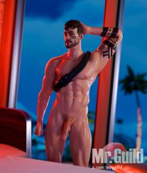 1boy body_hair brown_hair fortnite guild_(fortnite) male_focus male_only mrguild muscle nude penis presenting solo