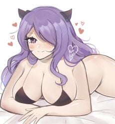 1girls bare_shoulders black_bra blush bottomless bra breasts camilla_(fire_emblem) fake_horns female female_only fire_emblem fire_emblem_fates heart highres horns large_breasts long_hair looking_at_viewer navel nintendo purple_eyes purple_hair purrlucii simple_background smile solo stomach underwear white_background