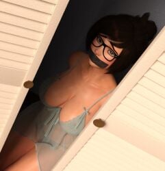 1girls 3d bdsm beauty_mark big_breasts blush bondage bow brown_eyes brown_hair closet eyebrows_raised femsub g-string gag gagged glasses hair_bun hands_behind_back kneeling lace large_breasts legs_together lingerie mei_(overwatch) mmmph! nightgown overwatch overwatch_2 panties see-through see-through_clothing see-through_lingerie submissive submissive_female swept_bangs tape_gag thighs wet_skin