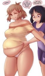 bbw belly_grab belly_overhang big_belly big_female blush chubby chubby_female embarrassed fat fat_ass fat_female fat_fetish fat_girl fat_woman fatty grabbing_belly kipteitei large_female obese obese_female overweight overweight_female panties pig plump pork_chop senki_zesshou_symphogear speech_bubble tachibana_hibiki_(symphogear) thick_thighs tubby weight_gain white_panties