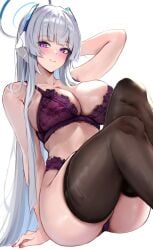 1girls adult armpits bare_arms bare_ass bare_belly bare_butt bare_midriff bare_shoulders bare_skin bare_thighs belly black_thighhighs blue_archive blush blush blush_lines blushing_female bra breasts breasts cleavage collarbone dot_nose elbows eyebrows_visible_through_hair female female_focus female_only fingernails fingers full_body groin halo hand_behind_head high_resolution highres hourglass_figure knees large_breasts legs light-skinned_female light_skin long_hair looking_at_viewer midriff naked naked_female noa_(blue_archive) nude nude_female panties pink_fingernails pink_nail_polish pink_nails purple_bra purple_eyes purple_eyes_female purple_panties purple_underwear pussy shoulders sideboob silver_hair silver_hair_female simple_background sitting slender_body slender_waist slim_girl slim_waist smile smiling smiling_at_viewer solo stone_(ksorede) thick_thighs thighhighs thighs thin_waist underboob underwear white_background wide_hips