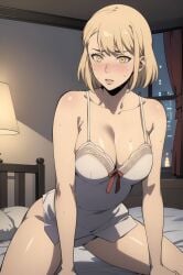 ai_generated blonde_hair blush cha_hae_in cleavage on_bed on_knees short_hair solo_leveling sweating yellow_eyes