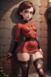 ai_generated breasts helen_parr mommy nipples_visible_through_clothing no_panties pussy red_dress see-through the_incredibles torn_stockings