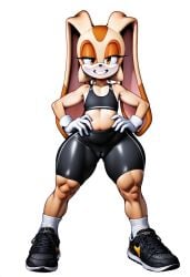 aged_up ai_generated bedroom_eyes belly bike_shorts cameltoe cream_the_rabbit female female_only flat_chest fur furry furry_only grin hands_on_hips muscular_legs novelai smile sneakers socks solo_female solo_focus sonic_(series) sonic_the_hedgehog_(series) spandex spandex_shorts sports_bra sportswear thick_thighs wide_hips