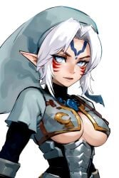 1girls adult_link ai_generated bikini_armor elf_ears facial_markings female female_focus female_only fierce_deity fierce_deity_armor fierce_deity_link genderswap_(mtf) hylian hylian_ears legendaer link looking_at_viewer majora's_mask medium_breasts pale pale-skinned_female pale_eyes pale_skin pointy_ears pupilless_eyes rule_63 tagme the_legend_of_zelda the_legend_of_zelda:_majora's_mask underboob white_hair