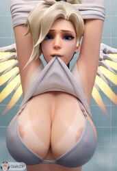 ai_generated angela_ziegler armpit armpit_fetish armpits bathroom big_breasts blizzard_entertainment blonde_hair blue_eyes bra breasts galszip gray_bra gray_top hd huge_breasts lifting_clothing lifting_shirt mercy mouth_hold nipple_bulge nipple_outline nipples_visible_through_clothing overwatch overwatch_2 shirt_in_mouth shower sweat sweatdrop sweating tanline tanlines top_lift undressing wet