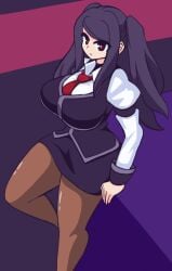 1girls big_breasts breasts clothing dark_hair female_only gensin julianne_stingray light-skinned_female looking_at_viewer red_eyes simple_background solo tagme thick_thighs va-11_hall-a voluptuous