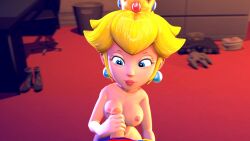 1boy 1girls 3d animated big_breasts blonde blonde_female blonde_hair bouncing_breasts busty handjob indoors large_breasts mario mario_(series) nipples nude one_female one_male ponytail princess_peach royalty smile straight tagme video zoeysfm