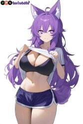 1girls :3 ai_generated big_breasts bra breasts curvy cute dog_ears dog_girl doggirl female female_focus female_only highres hips huge_boobs huge_breasts kemonomimi light_skin light_skinned_female long_hair patreon_username petgirl petite purple_ears purple_eyes purple_hair purple_tail shirt shirt_lift shorts thick_thighs thighs tori toriwoofs watermark wavy_hair white_skin white_skinned_female wide_hips wolf_ears