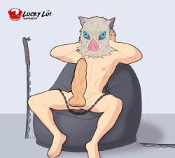 1boy animal_genitalia animal_penis animated demon_slayer genital_expansion genital_transformation inosuke_hashibira kimetsu_no_yaiba luckylui male_only nude penis penis_expansion penis_growth penis_shrinking sitting