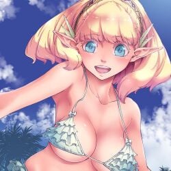 bare_shoulders big_breasts bikini bikini_top blonde_hair blue_eyes blush color elf elf_ears elf_female eyebrows_visible_through_hair female female_focus female_only frilled_bikini fringe hair_ornament hairband kekkon_yubiwa_monogatari looking_down maybe medium_hair nephrites_lomka official_art open_mouth pointy_ears revealing_swimsuit sky_background smile smiling swimsuit underboob upper_body viewed_from_below white_bikini white_swimsuit wide_hair