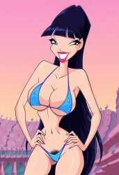 4kids_entertainment ai_generated hand_on_hips large_breasts micro_bikini musa musa_(winx_club) nickelodeon outdoors pubic_hair rainbow_(animation_studio) smile winx_club zfivefan