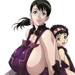 1boy 1girls bangs bare_shoulders black_hair blue_eyes breasts_bigger_than_head bursting_breasts cattleya color female female_focus glasses hair_ornament hair_tie hairband hi_res high_resolution highres huge_breasts kaneko_hiraku looking_at_viewer low_ponytail mature mature_female medium_hair milf mother mother_and_son nipple_bulge official_art open_mouth ponytail queen's_blade rana_(queen’s_blade) short_hair sideboob skimpy skimpy_clothes sleeveless smile smiling smiling_at_viewer son upper_body white_background