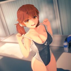 1girls 3d anna_anon anna_skyler big_breasts breasts brown_hair collarbone detailed_background english_text eyebrows_visible_through_hair female highres lifting_clothing looking_at_viewer one-piece_swimsuit open_mouth orange_eyes original original_character solo solo_female sweat swimsuit swimwear twintails