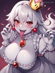 1girls ai_generated bangs blush boosette breasts brooch cleavage collarbone colored_skin crown dress earrings frilled_dress frills gloves hair_between_eyes hands_up hd hi_res jewelry large_breasts long_hair looking_at_viewer mario_(series) mini_crown new_super_mario_bros._u_deluxe open_mouth pale_skin puffy_short_sleeves puffy_sleeves red_eyes self_upload sharp_teeth short_sleeves smile solo super_crown teeth tongue tongue_out white_dress white_gloves white_hair white_skin