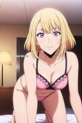 ai_generated artist_request bed blonde_hair bra cha_hae_in lamp looking_at_viewer nonude on_all_fours on_bed pink_eyes short_hair solo_leveling tagme underwear