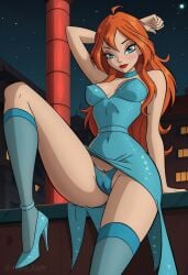 4kids_entertainment ai_generated angel_light angel_light_(artist) bloom_(winx_club) blue_eyes cameltoe ginger_hair high_heels nickelodeon panties rainbow_(animation_studio) stockings winx_club