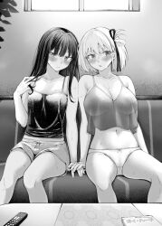 2girls belly belly_button black_and_white black_hair black_hair_female blonde_female blonde_hair blonde_hair_female blush blush_lines blushing_female breasts cleavage collarbone dot_nose female female_focus female_only fingers groin hand_on_chest high_resolution highres holding_hands inoue_takina kitaku_(nakamachi_machi) knees legs lesbian_couple light-skinned_female light_skin long_hair lycoris_recoil medium_breasts monochrome navel nishikigi_chisa nishikigi_chisato panties petite petite_body petite_breasts petite_female petite_girl pussy short_hair shoulders sitting slender_body slender_waist slim_girl slim_waist small_breasts student sweat sweatdrop sweating sweaty teenager thighs thin_waist translucent translucent_clothing translucent_topwear underwear upper_body v-line yuri