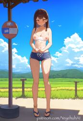 1girls ai_generated anklet bare_arms bare_legs bare_shoulders bare_thighs blue_shorts blue_sky blush breasts brown_hair bus_stop cleavage clouds countryside embarrassed flip_flops full_body hotpants legs long_legs mountain nipples orange_eyes original original_character sandals see-through see-through_clothing shiny_skin shorts shy standing sweat sweatdrop sweating sweaty thighs topwear wet_clothes wet_skin white_shirt yeyehuh