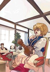 1girls ambiguous_oral androgynous artist_request baise blonde_hair blonde_hair_male blowjob brown_hair chair cum cum_all_over cumming ejaculation fellatio female femboy femboy_on_female human hunter hunter_x_hunter kurapika light-skinned_female light_skin long_hair male male/female melody_(hunter_x_hunter) multiple_boys oral saliva short_hair shounen_jump sitting straight