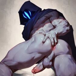 1boy ai_generated ass ass_focus ass_grab asshole balls ballsack bara breasts cum dripping dripping_cum dripping_precum faceless faceless_character faceless_male fingering fingering_self gay gay_male hood hood_up muscular muscular_male omen_(valorant) precum precum_drip precum_string riot_games solo solo_male stable_diffusion valorant yaoi