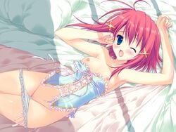 aqua_eyes artist_request bed_sheet blush censored character_request frills game_cg long_hair lying mitsurugi_asuka mosaic mosaic_censoring official_art on_back open_mouth panties panty_pull pink_hair ryohka ryouka_(suzuya) solo underwear wink wizard_girl_ambitious