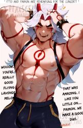 ai_generated arataki_itto big_penis dialogue genshin_impact happy horns male male_only muscles no_top patreon_username print_tax5 red_horns relaxing tight_clothing twitter_username voluptuous_male white_hair